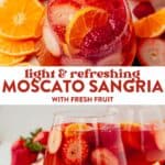 overhead view of moscato sangria with orange slices and strawberry slices on the counter next to it and then a glass of moscato sangria sitting on a counter with strawberries