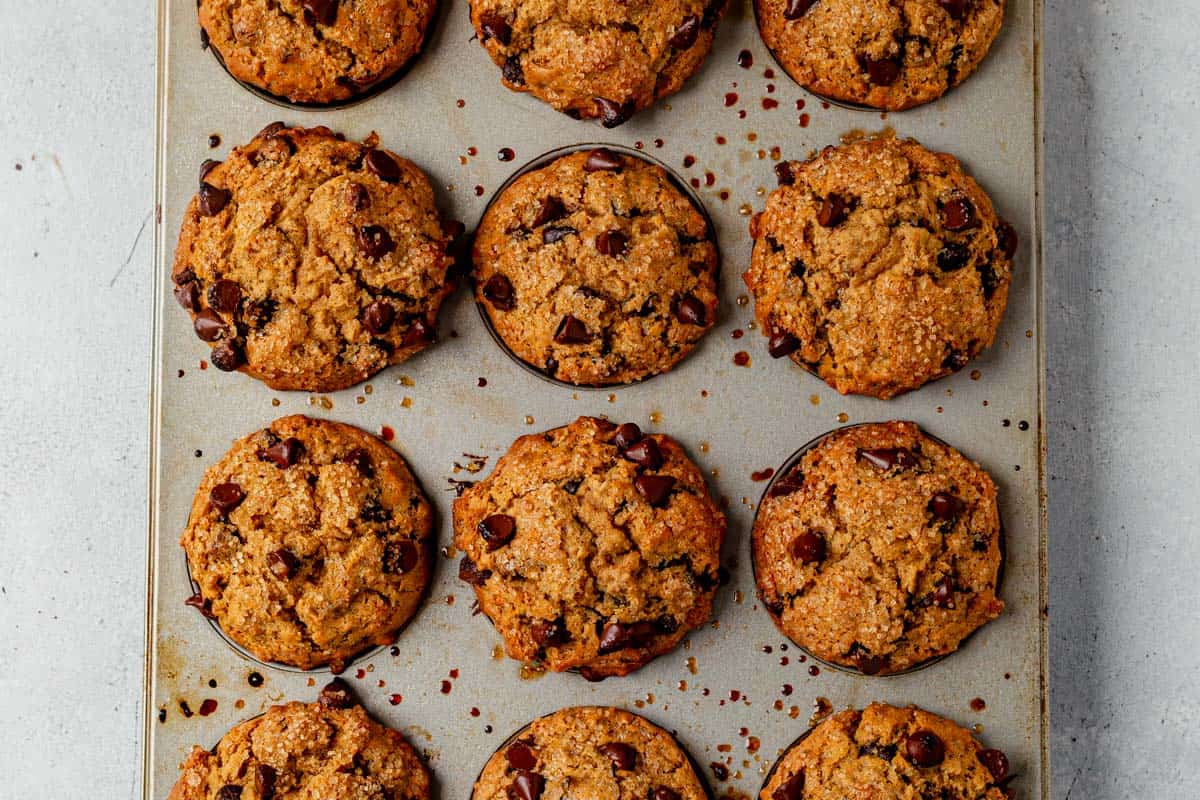 freshly baked chocolate chip oatmeal muffins in a muffin pan