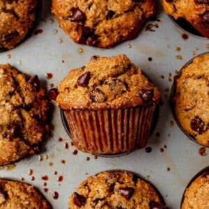 freshly baked oatmeal chocolate chip muffin on its side