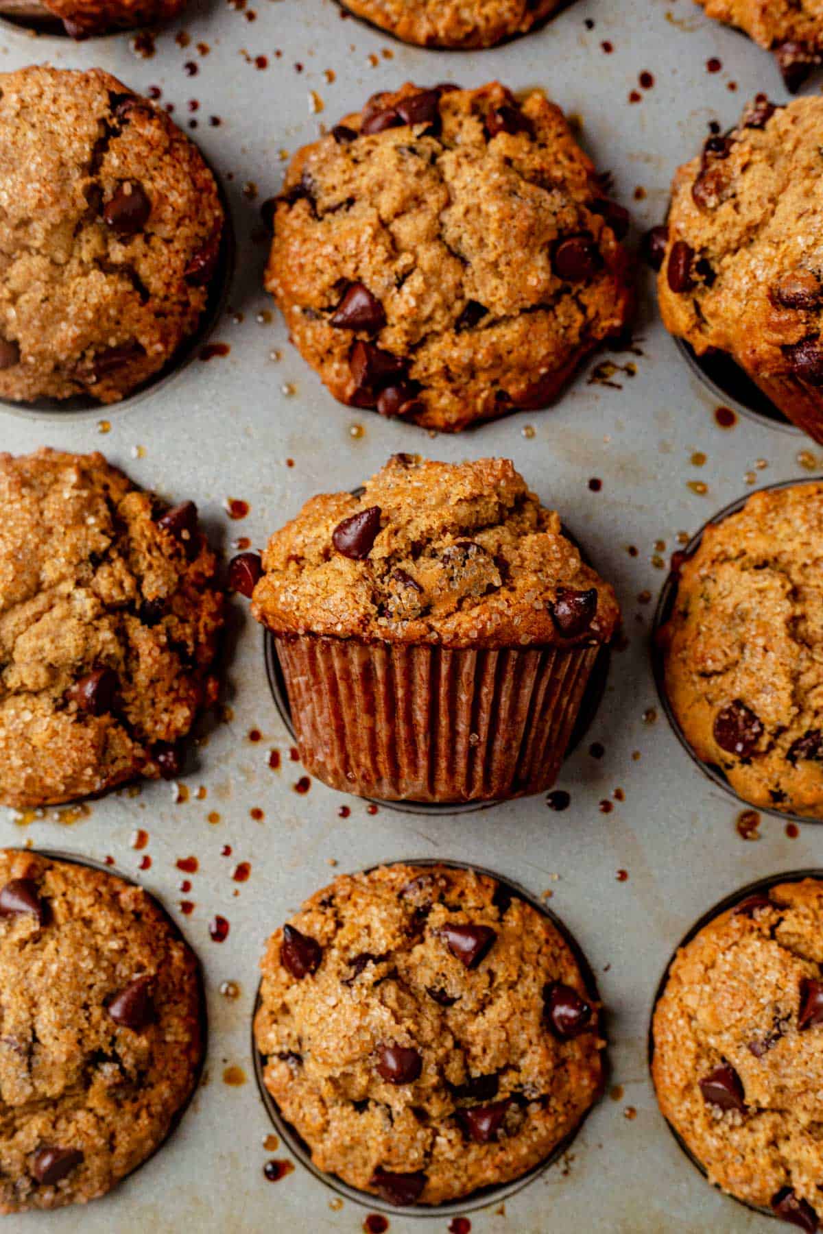 a muffin tin filled with chocolate chip oatmeal muffins with one on its side