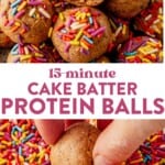 pile of cake batter protein balls with colorful sprinkles and one with a bite taken out and then a hand dipping a cake batter protein ball into a dish of colorful sprinkles