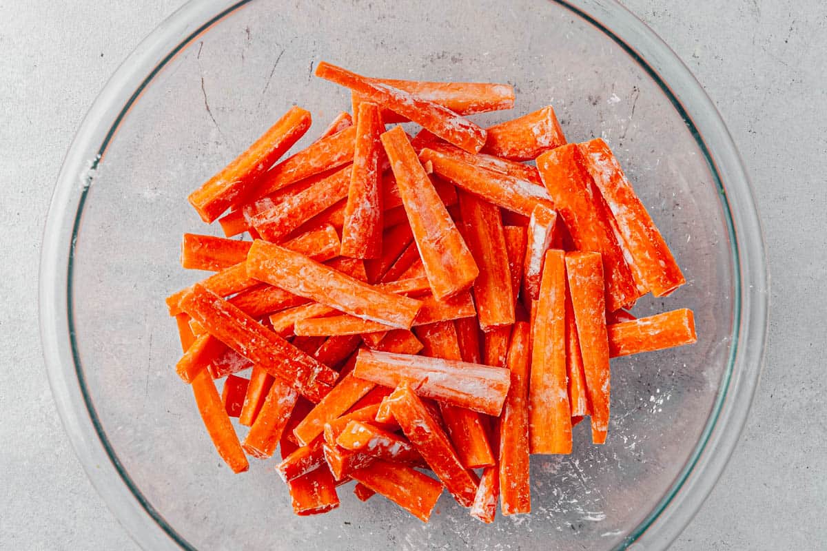 sliced carrots tossed in cornstarch