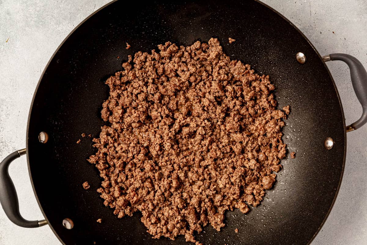 cooked ground beef in a wok