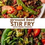 a hand reaching with chopsticks over a plate of ground beef stir fry wtih carrots, peppers, and snow peas and then a close up of a plate of ground beef stir fry with fresh veggies