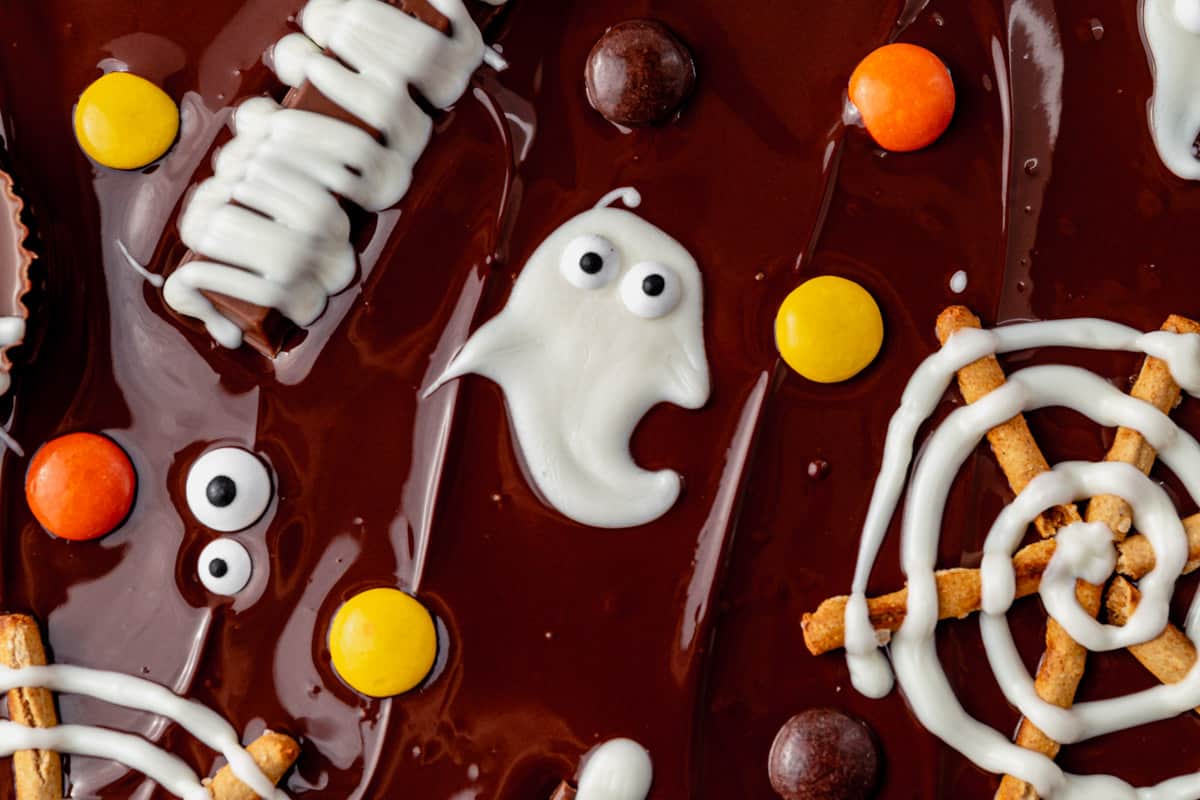 white chocolate ghost with candy eyes on melted chocolate
