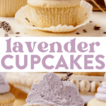 lavender cupcake with purple buttercream honey lemon frosting on a counter with the cupcake wrap undone and fresh lavender laying next to it and then a lavender cupcake with purple buttercream honey lemon frosting on top cut in half and open faced