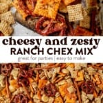 ranch chex mix on a wooden spoon scooped up from a baking tray full of chex mix and then a big bowl of ranch chex mix