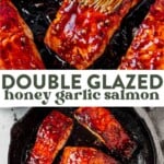 a pastry brush brushing glaze on honey garlic salmon and then four pieces of honey garlic salmon on a cast iron