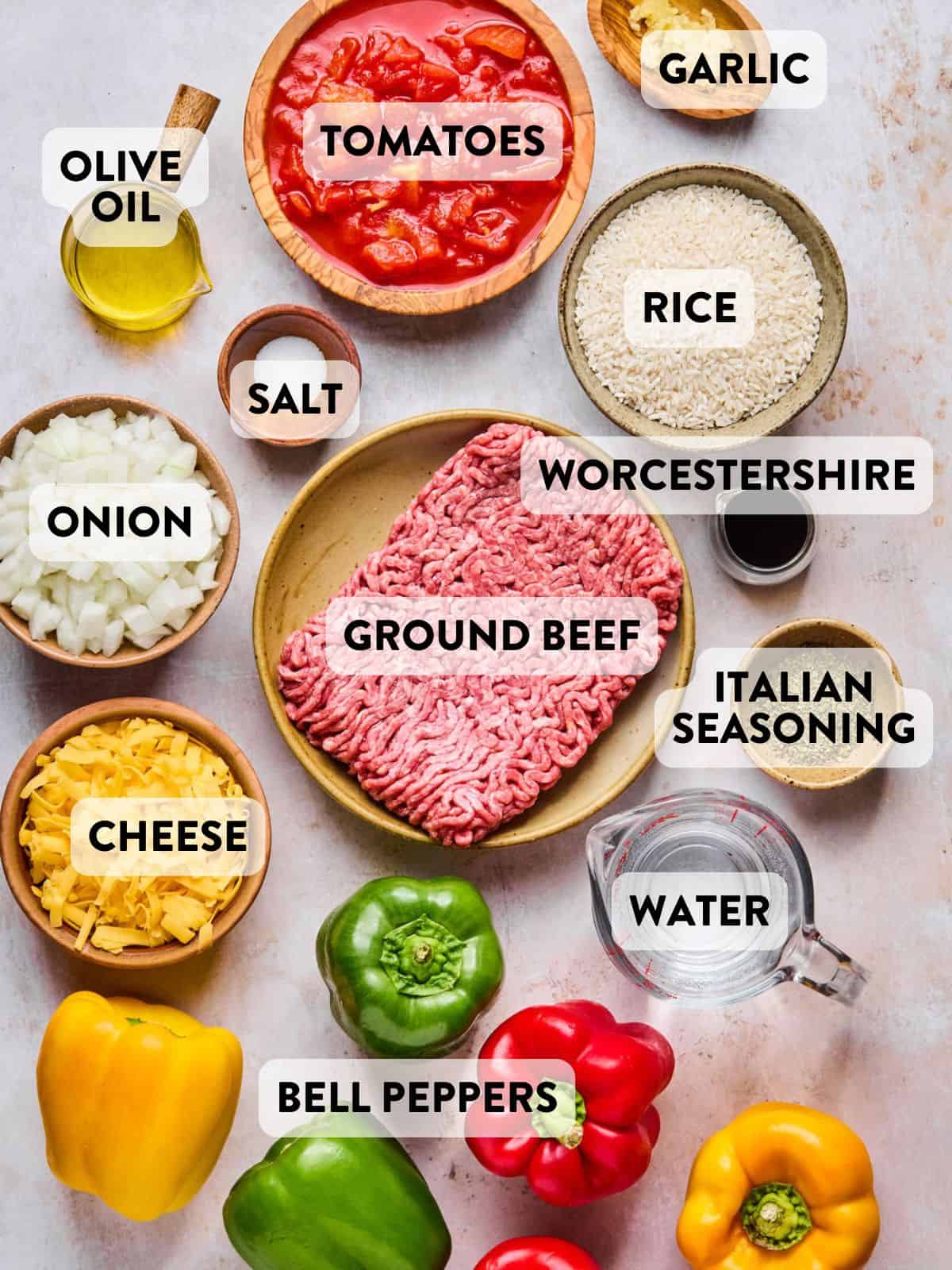 air fryer stuffed peppers ingredients on a counter.