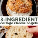 cottage cheese bagel sandwiched with cream cheese and topped with everything bagel seasoning and then a hand showing the inside of a cottage cheese bagel