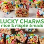 two lucky charms rice krispie treats stacked on top of each other and then lucky charms rice krispie treats cut up into squares on a counter
