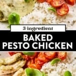 pesto baked chicken on a plate with tomatoes and then sliced pesto chicken with mozzarella cheese.