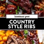 two images of instant pot country style ribs on a plate and then a rib cut in half to see the shredded pork inside.