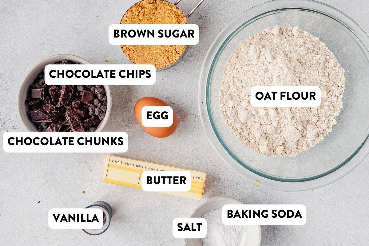 oat flour cookie ingredients laid out on a counter and labeled