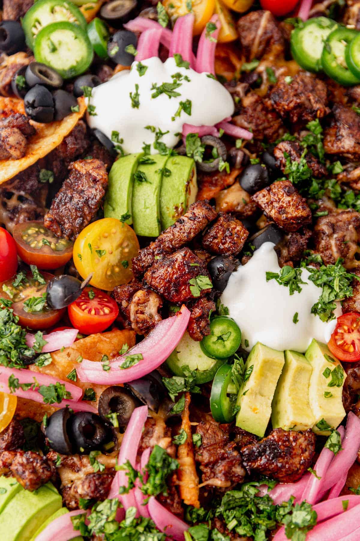 nachos loaded with steak, tomatoes, pickled onion, sour cream, avocado, and cilantro