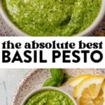 two images of basil pesto in a bowl with a spoon and then a bowl of fresh basil pesto on a plate with lemon and basil leaves