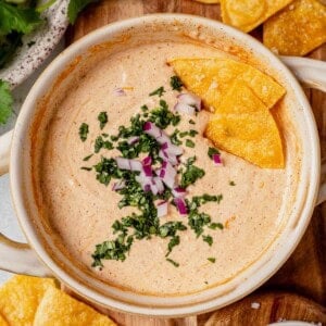 a bowl of cottage cheese queso with tortilla chips