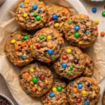 a tray of freshly baked flourless monster cookies