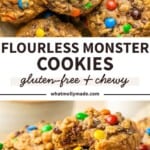 pile of flourless monster cookies and then a stack of flourless monster cookies on top of a plate with a bite taken out of the top cookie