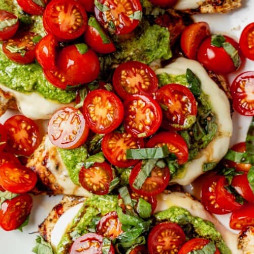 three pieces of grilled chicken margherita on a plate