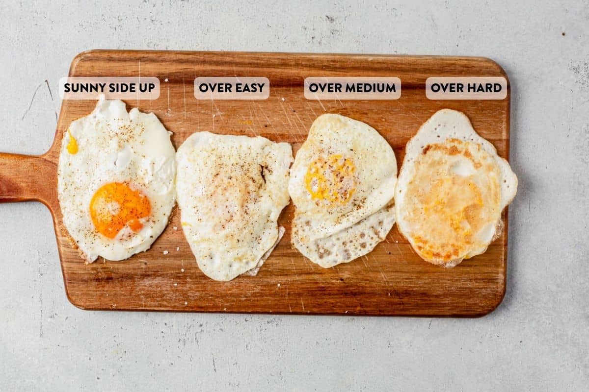 a sunny side up egg, over easy egg, over medium egg, and over hard egg on a platter