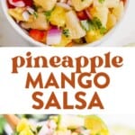 two images of pineapple mango salsa in a serving dish