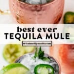 collage of a tequila mule in a copper mug and then pouring ginger beer over a mule