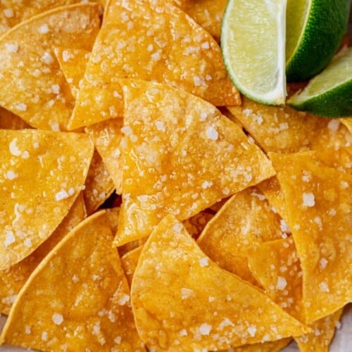 homemade baked tortilla chips in a bowl with sea salt
