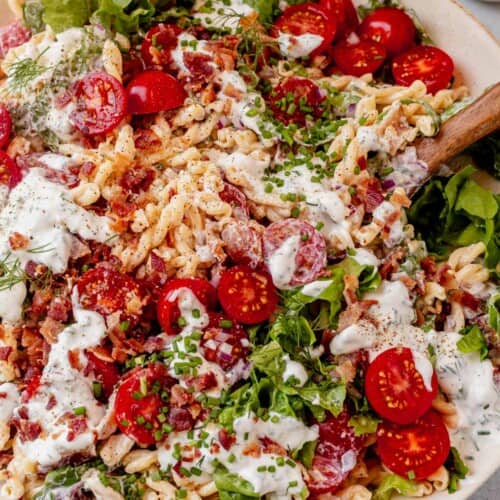 blt pasta salad in a bowl