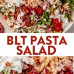 two images of blt pasta salad in a bowl and then scooping it with a spoon