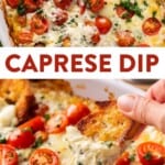 two images of caprese dip with fresh basil and then crostini dipped into caprese cheese dip