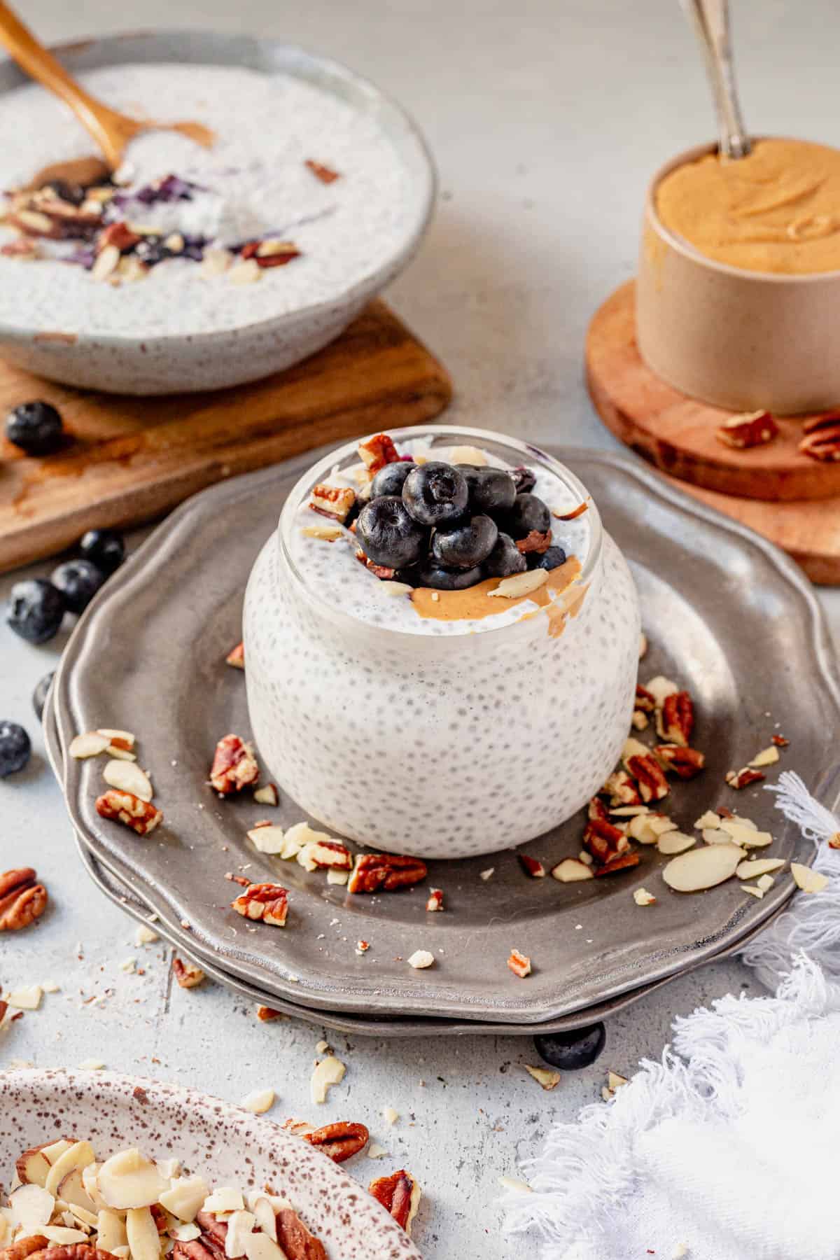 chilled chia pudding with yogurt in a jar