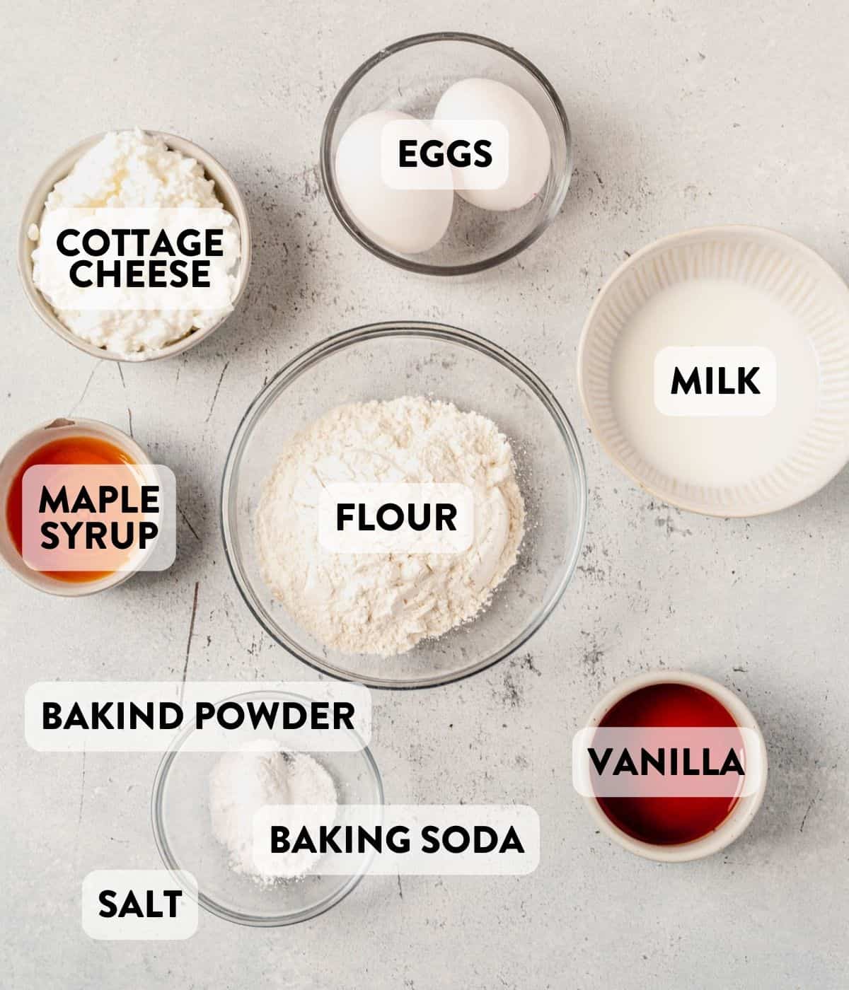 cottage cheese pancake ingredients on a counter