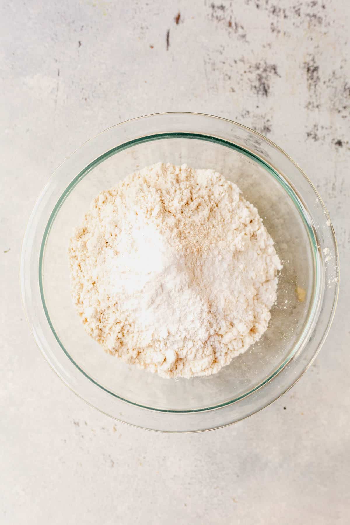 flour, baking soda, baking powder, and salt in a bowl