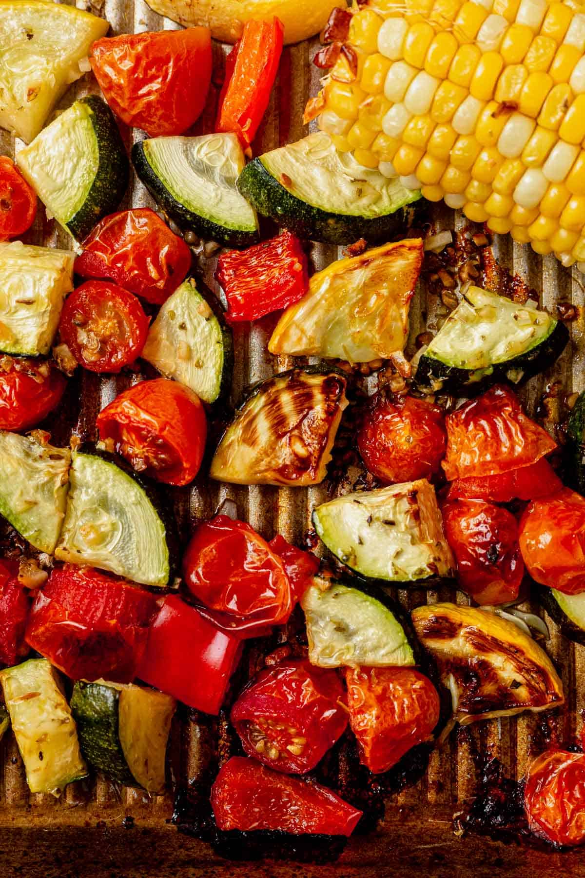 roasted vegetables on a sheet pan