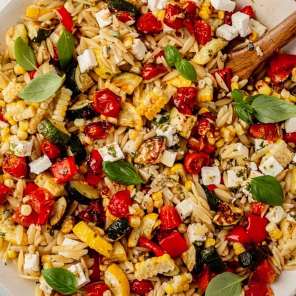 roasted vegetable pasta salad in a bowl