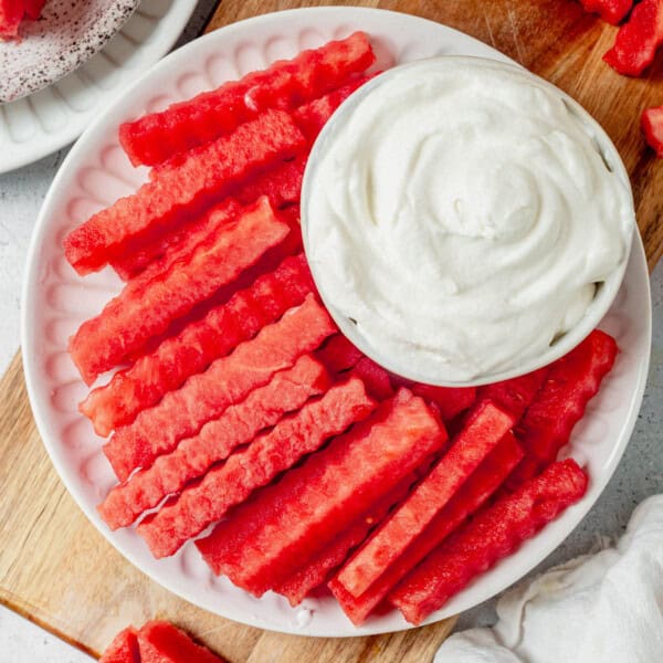 watermelon fries on a plate with greek yogurt dip