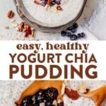 Wooden spoon dipping into yogurt chia pudding covered in berries and nuts and nut butter