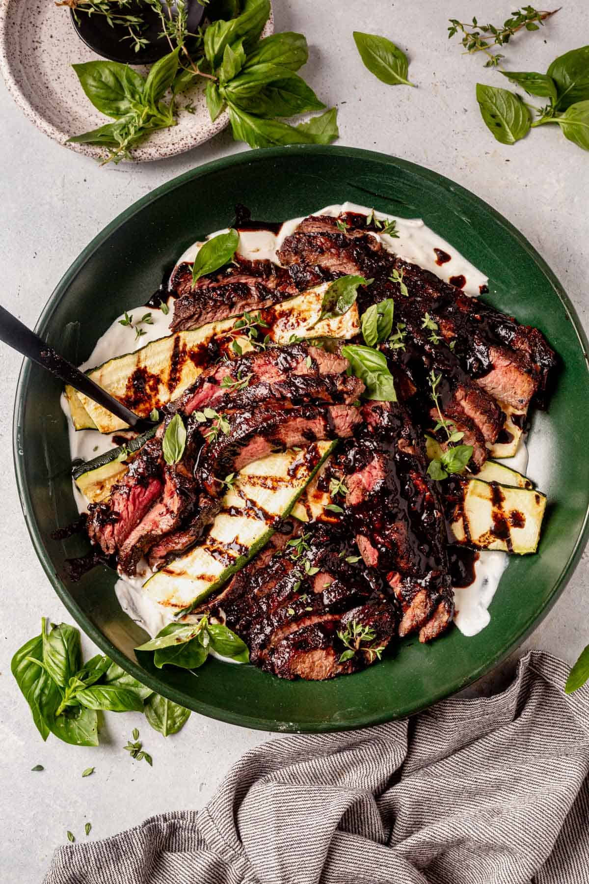 balsamic flank steak with feta and zucchini