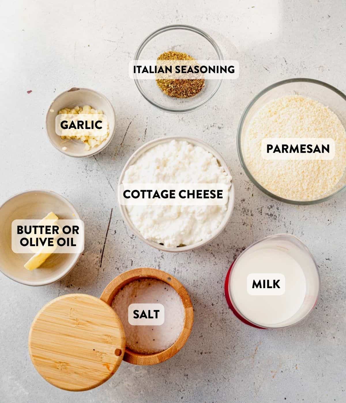 cottage cheese alfredo ingredients on a counter