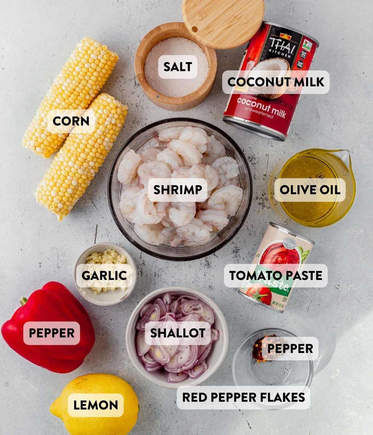 creamy coconut shrimp ingredients on a counter.