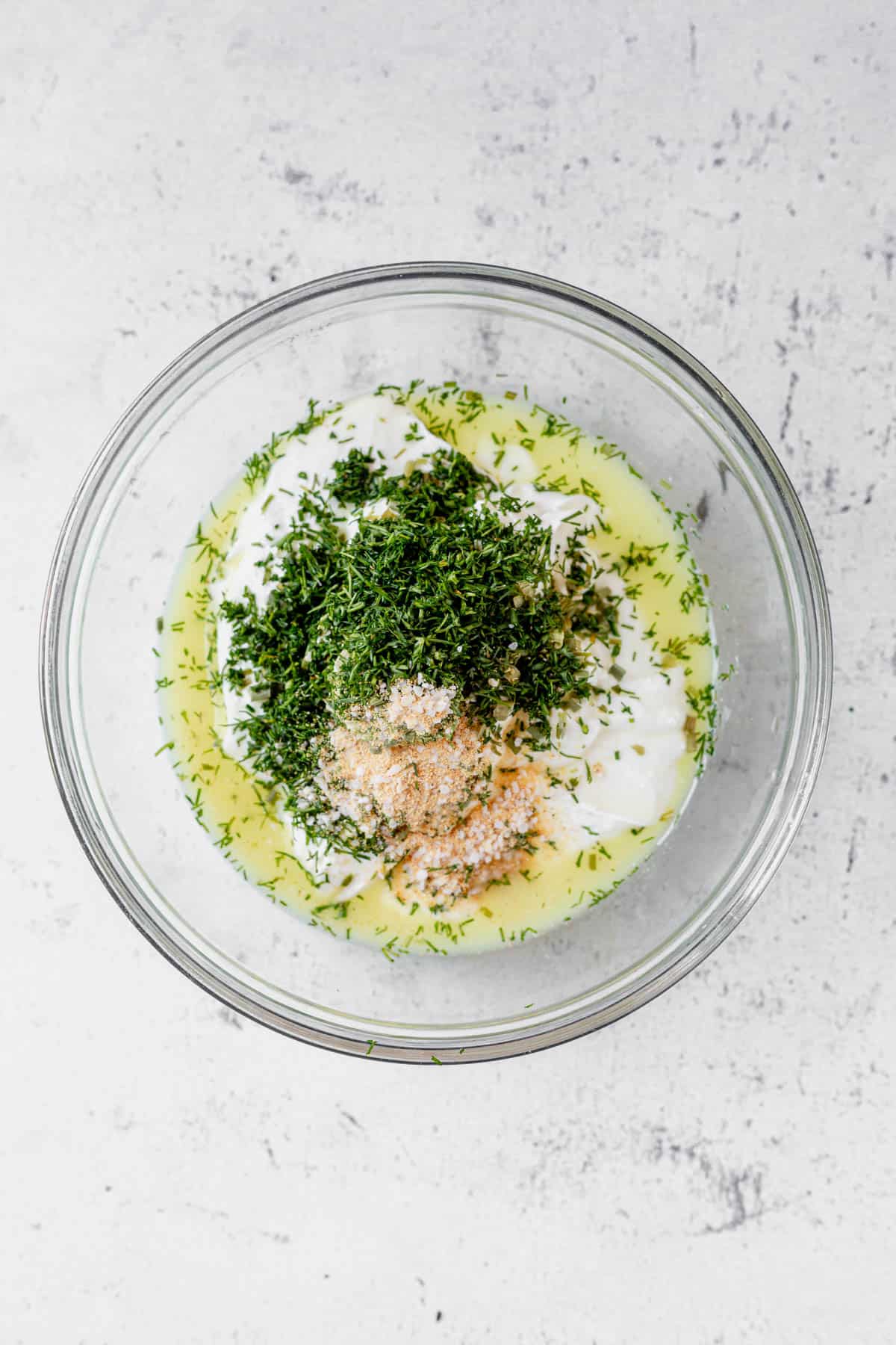 dill pickle ranch dressing in a bowl