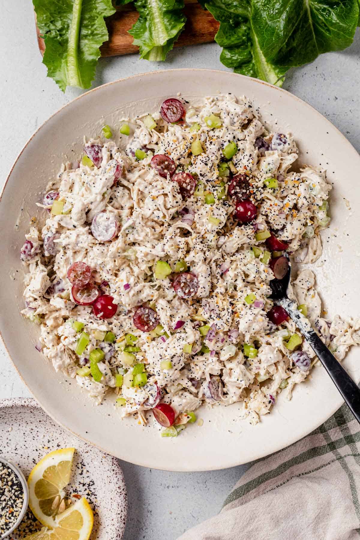 everything bagel chicken salad in a serving bowl