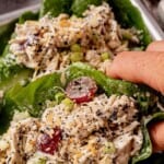 hand reaching for lettuce wrap of everything bagel chicken salad