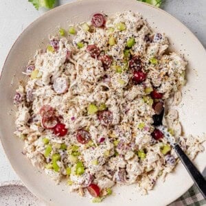 everything bagel chicken salad in a serving bowl