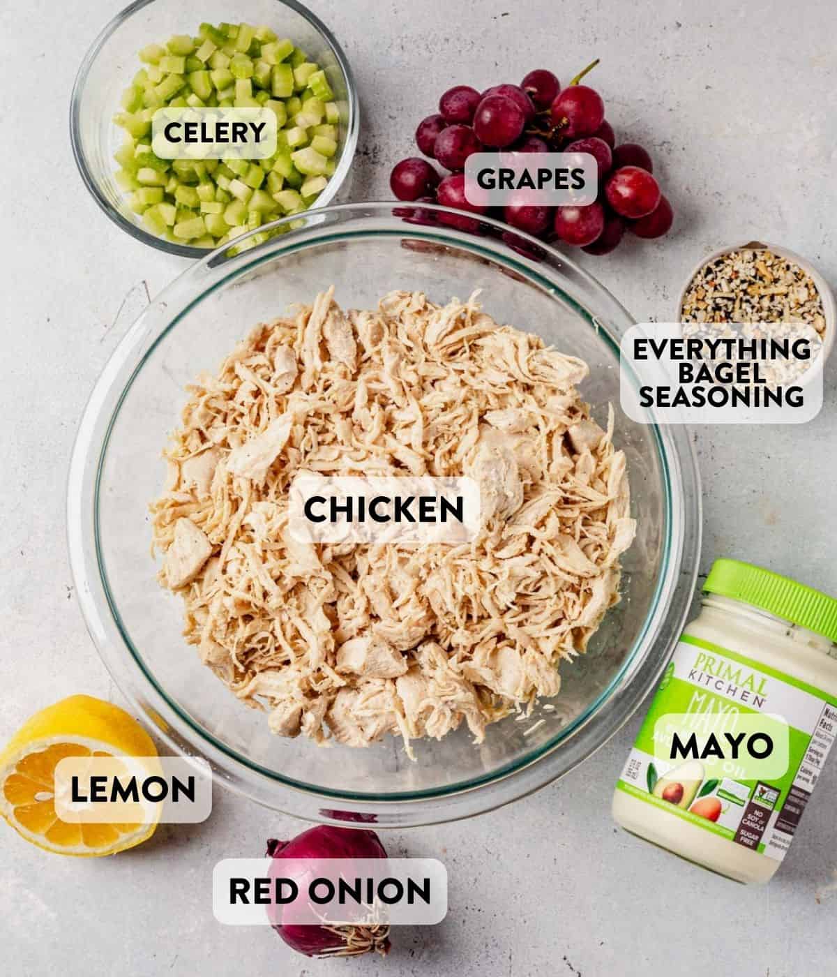 everything bagel chicken salad ingredients on a counter