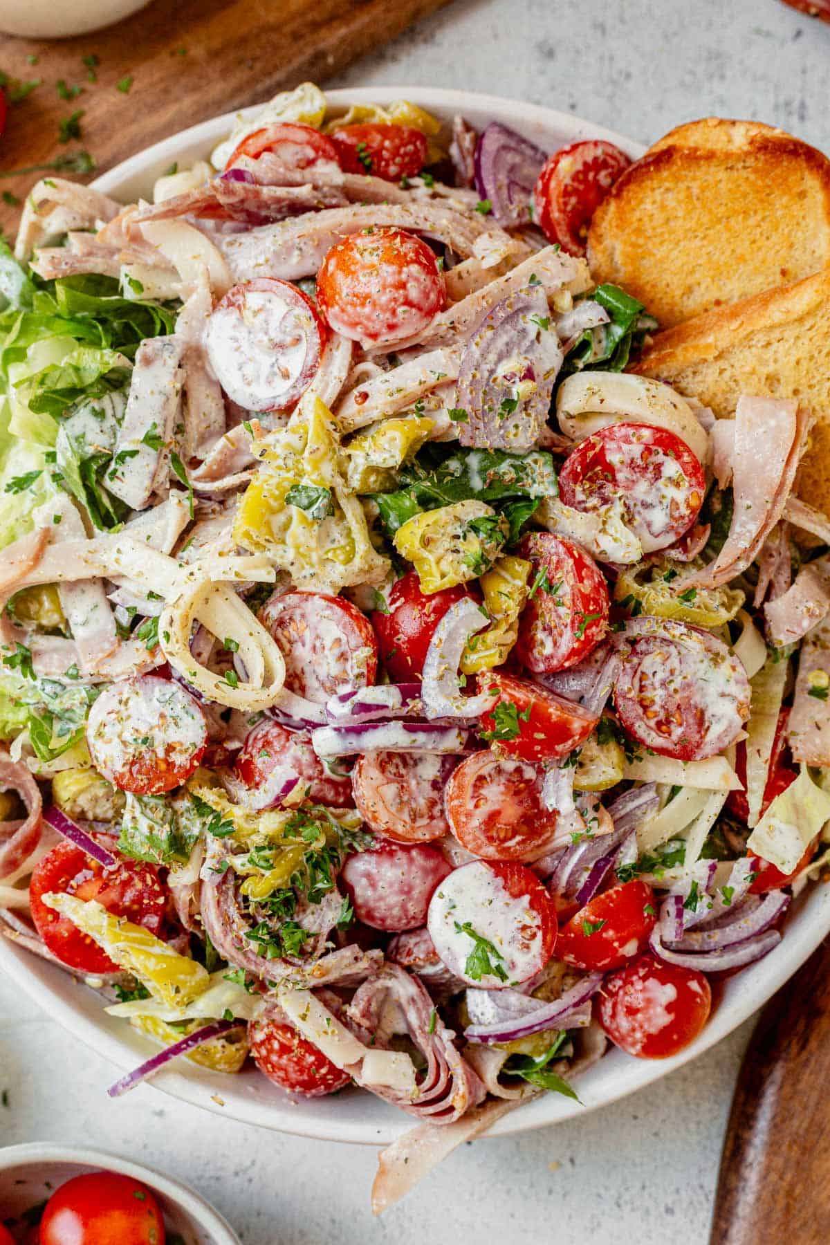 italian grinder salad in a salad bowl