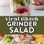 italian grinder salad ingredients and dressing ingredients in a mason jar and then italian grinder salad in a bowl