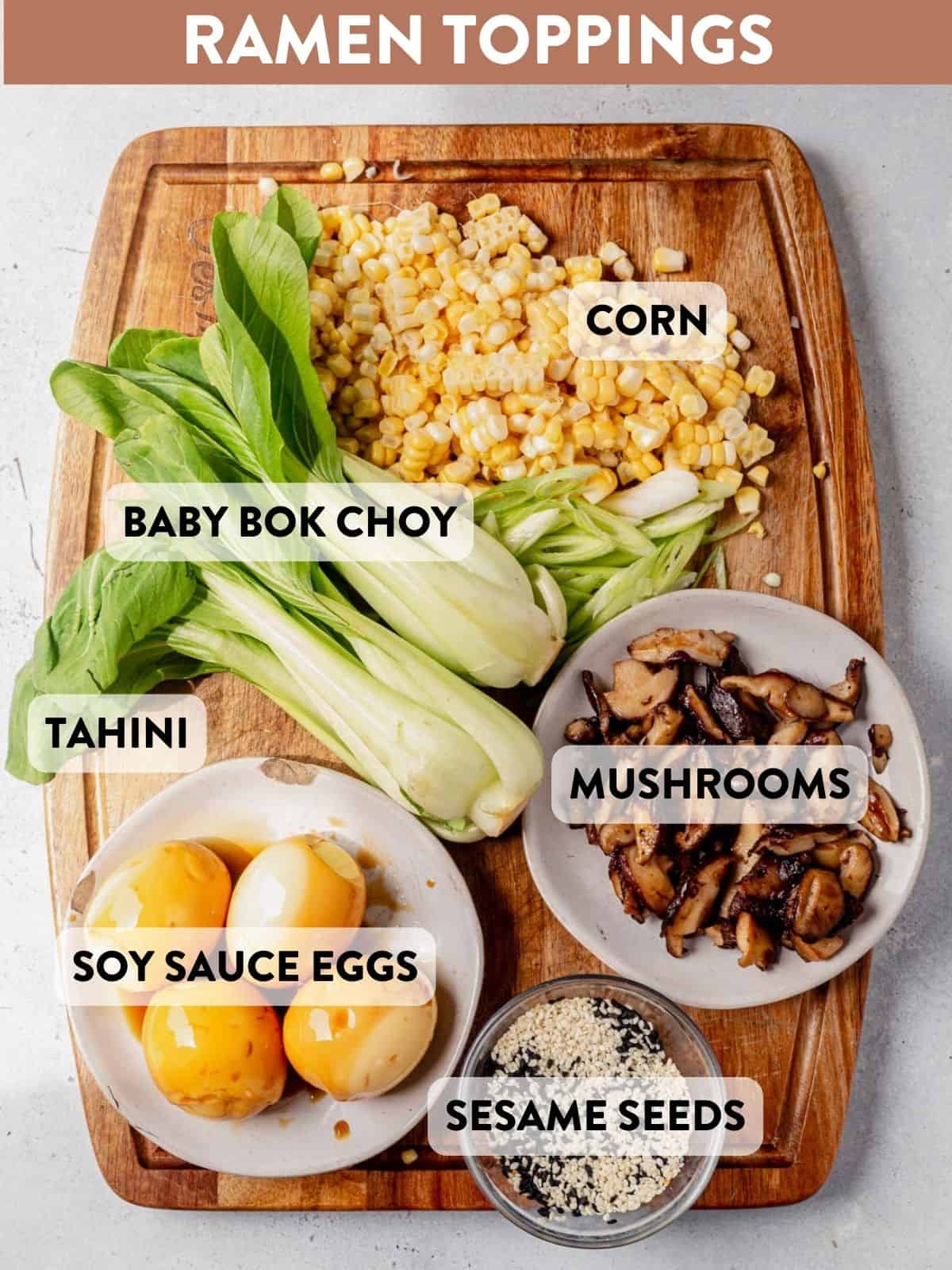 ramen toppings on a cutting board