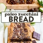 a hand reaching to grab a slice of paleo zucchini bread from a stack and then a loaf of paleo zucchini bread sliced up on a cutting board.